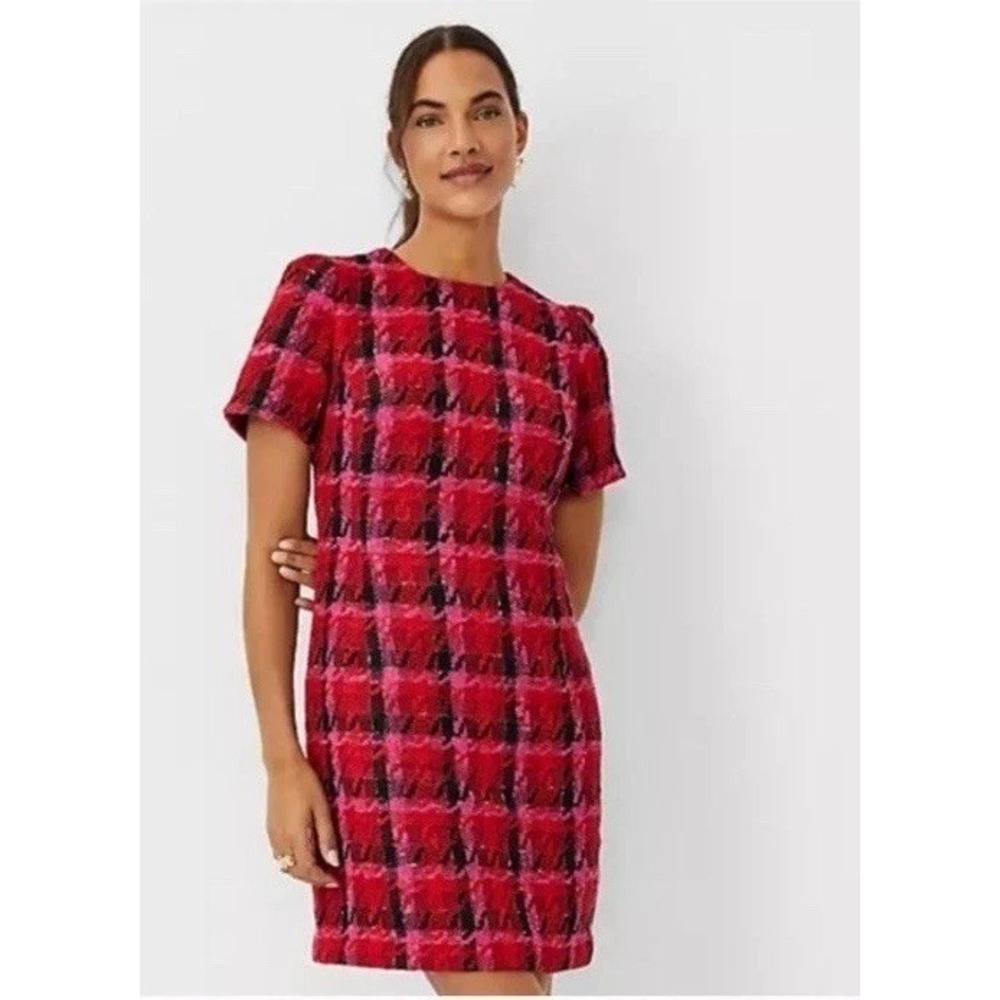 AnnTaylor 8 Petite Check Tweed Shift Dress Short Sleeve Red Pink Channel Inspire